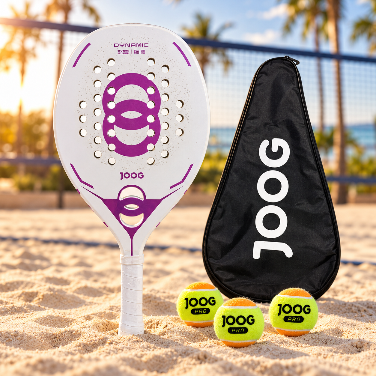 Raquete Beach Tennis Joog Dynamic 12K Pro Branco e Roxo 2026